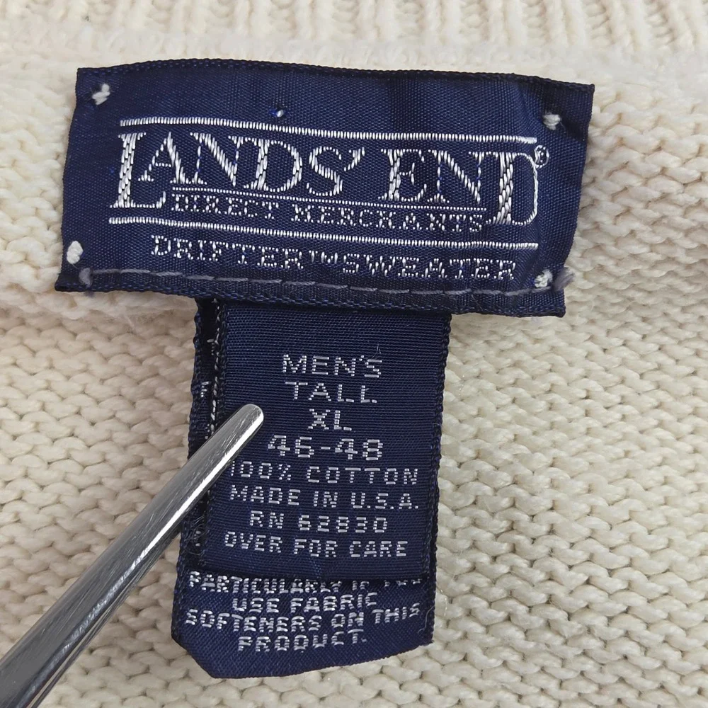 Vintage Lands End Drifter Sweater Mens XL Tall Cream VNeck Shaker Knit USA Made